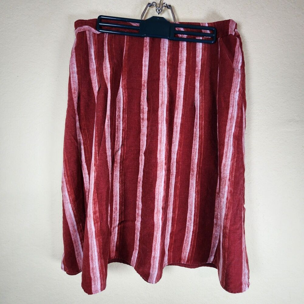 Coldwater Creek Skirt Womens Med red lined stripe Linen Blend festive Boho Artsy